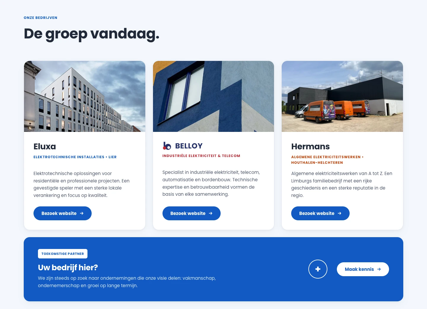 De bedrijvenkaarten van Eluxa, Belloy en Hermans op de Naexus-landingspagina